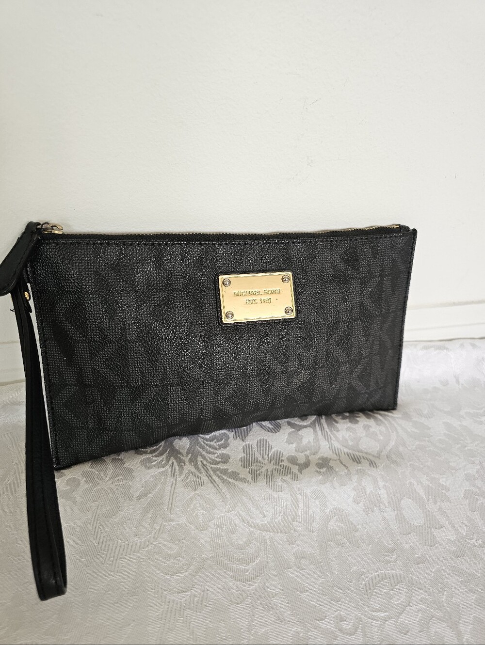 Michael Kors Black Logo Zip Wristlet with Gold MK Plaque